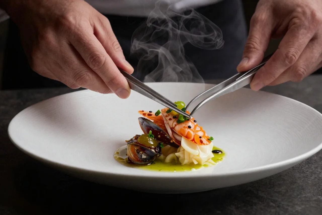 Mains du chef dressant une assiette de fruits de mer à la pince