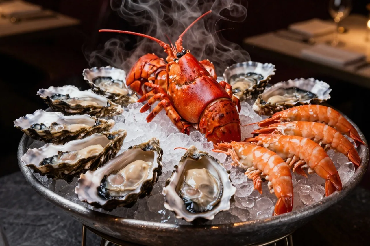 Plateau de fruits de mer sur lit de glace, huîtres, homard et crevettes