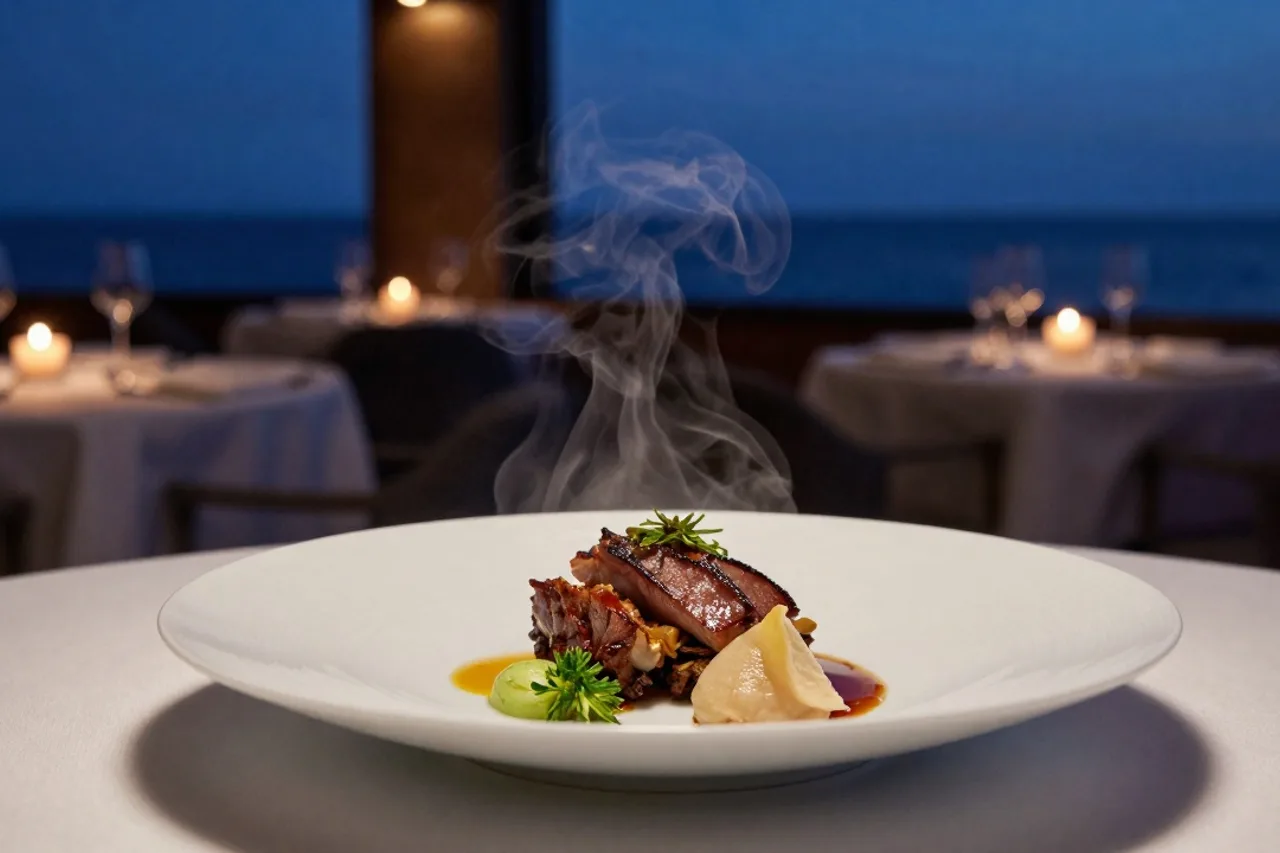 Salle du restaurant à l'heure bleue, tables dressées et vue sur l'océan