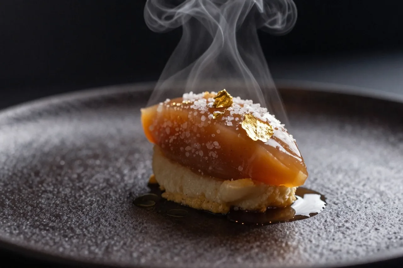 Dessert au caramel beurre salé et feuille d'or, dressage précis