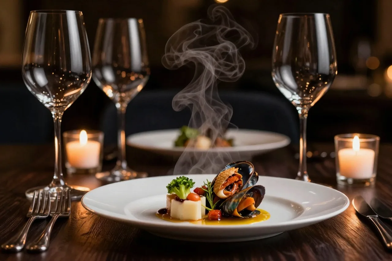 Accord mets et vins, verres de vin blanc et fruits de mer sur bois sombre